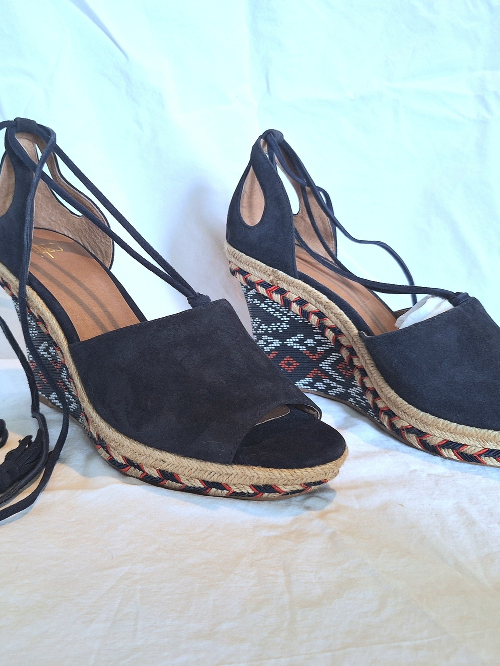 Women’s Navy Suede Open Toe Espadrille Wedge Sandals with Ankle Ties. - Picture 4 of 4